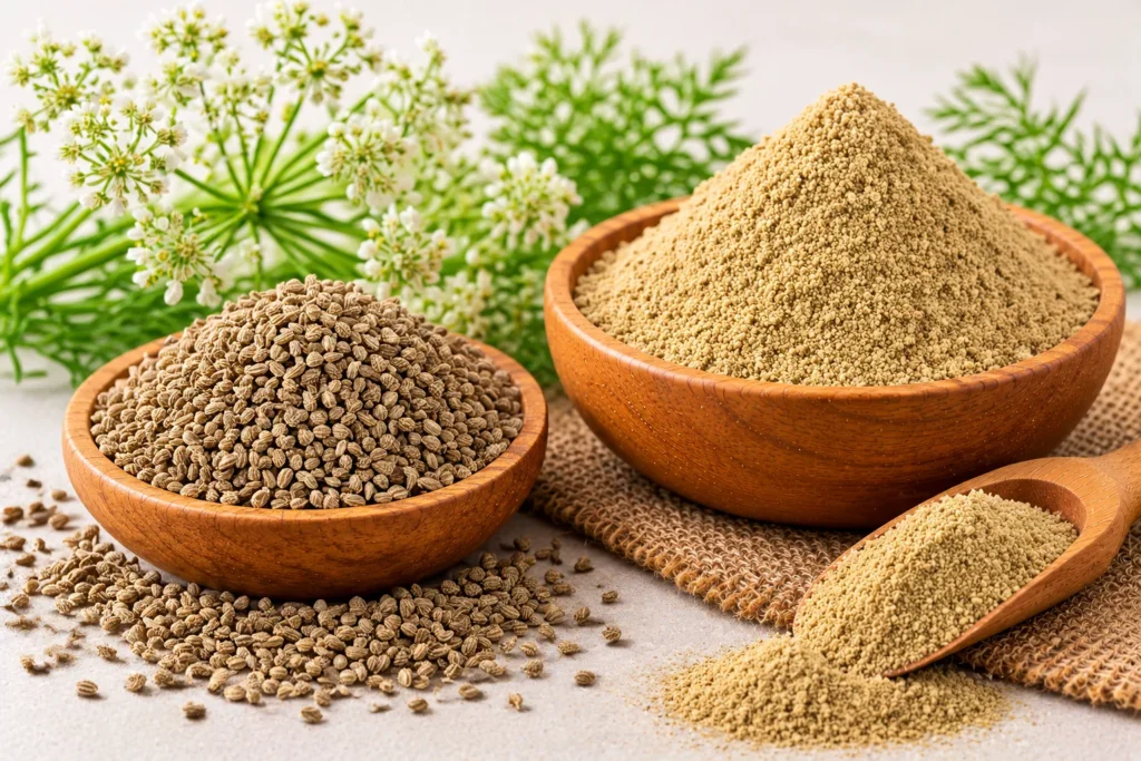 Organic ajwain (bishop seeds) whole seeds and ajwain powder in wooden bowls