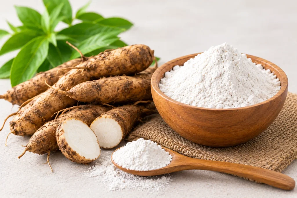 Organic arrowroot powder in a wooden bowl with fresh arrowroot tubers