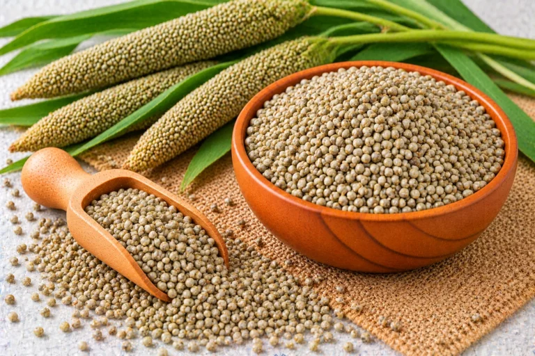 Organic bajra (pearl millet) grains in a wooden bowl and scoop, with pearl millet ear heads and leaves