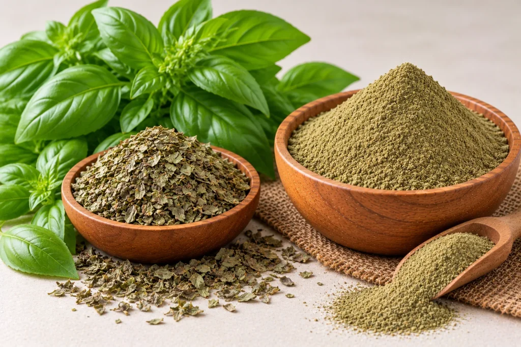 Organic dried basil leaves and basil powder in wooden bowls with fresh basil