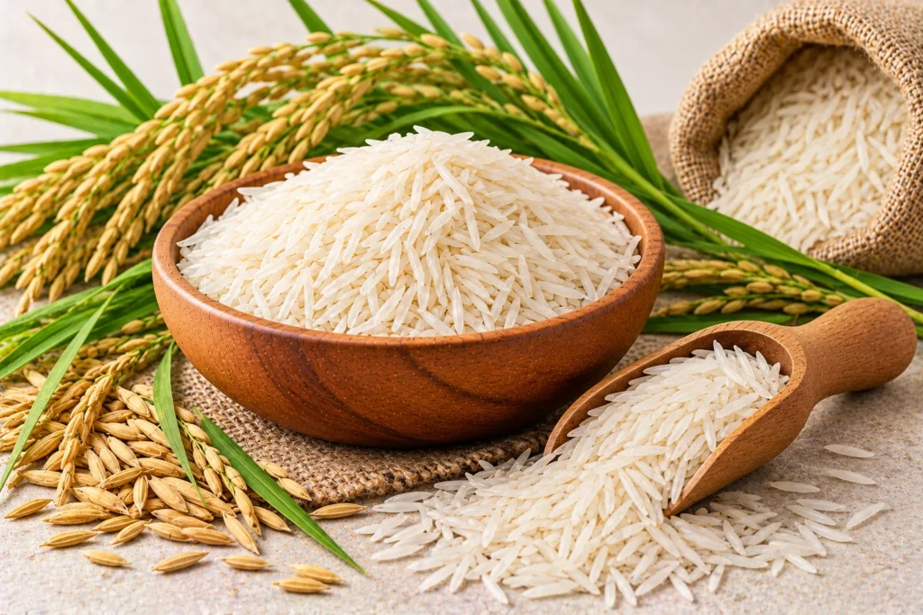 Organic long-grain basmati rice in a wooden bowl with paddy and rice plants