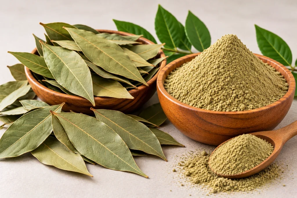 Organic dried bay leaves and bay leaf powder in wooden bowls