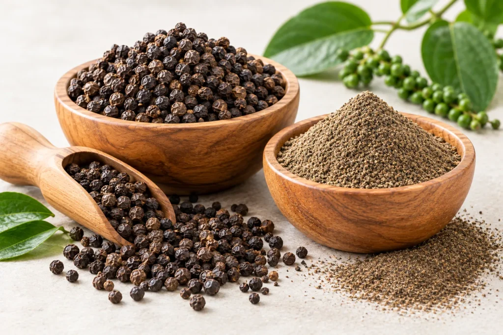 Organic black peppercorns and ground black pepper from India