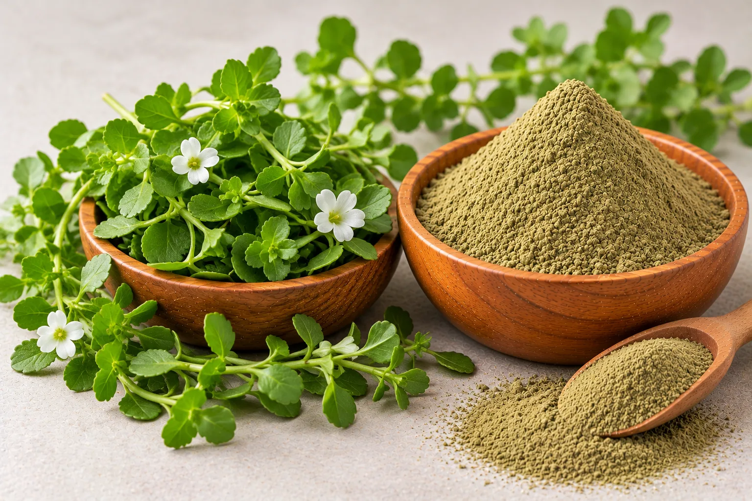 Organic brahmi (Bacopa monnieri) herb and brahmi powder in wooden bowls