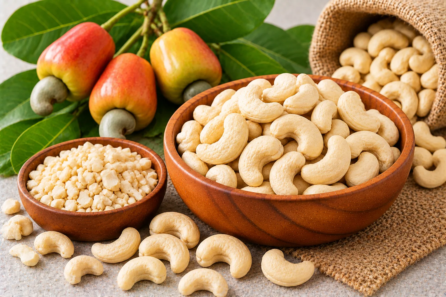 Organic whole cashew kernels and cashew pieces in wooden bowls with cashew apples
