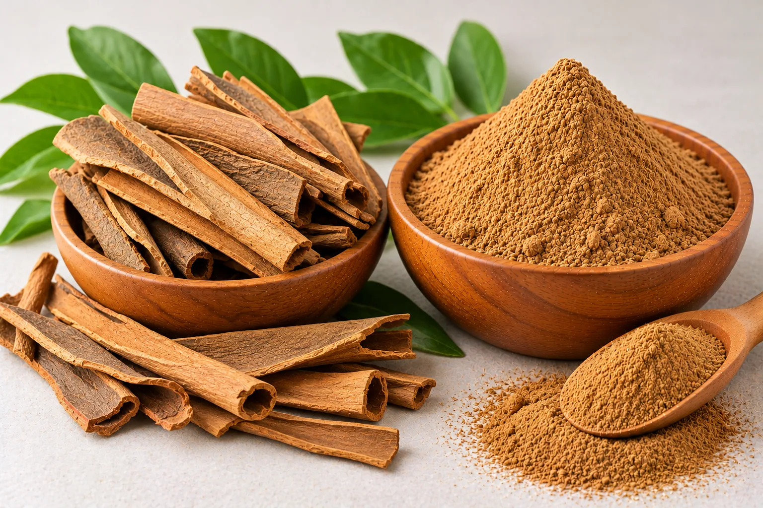 Organic cassia bark and cassia powder in wooden bowls