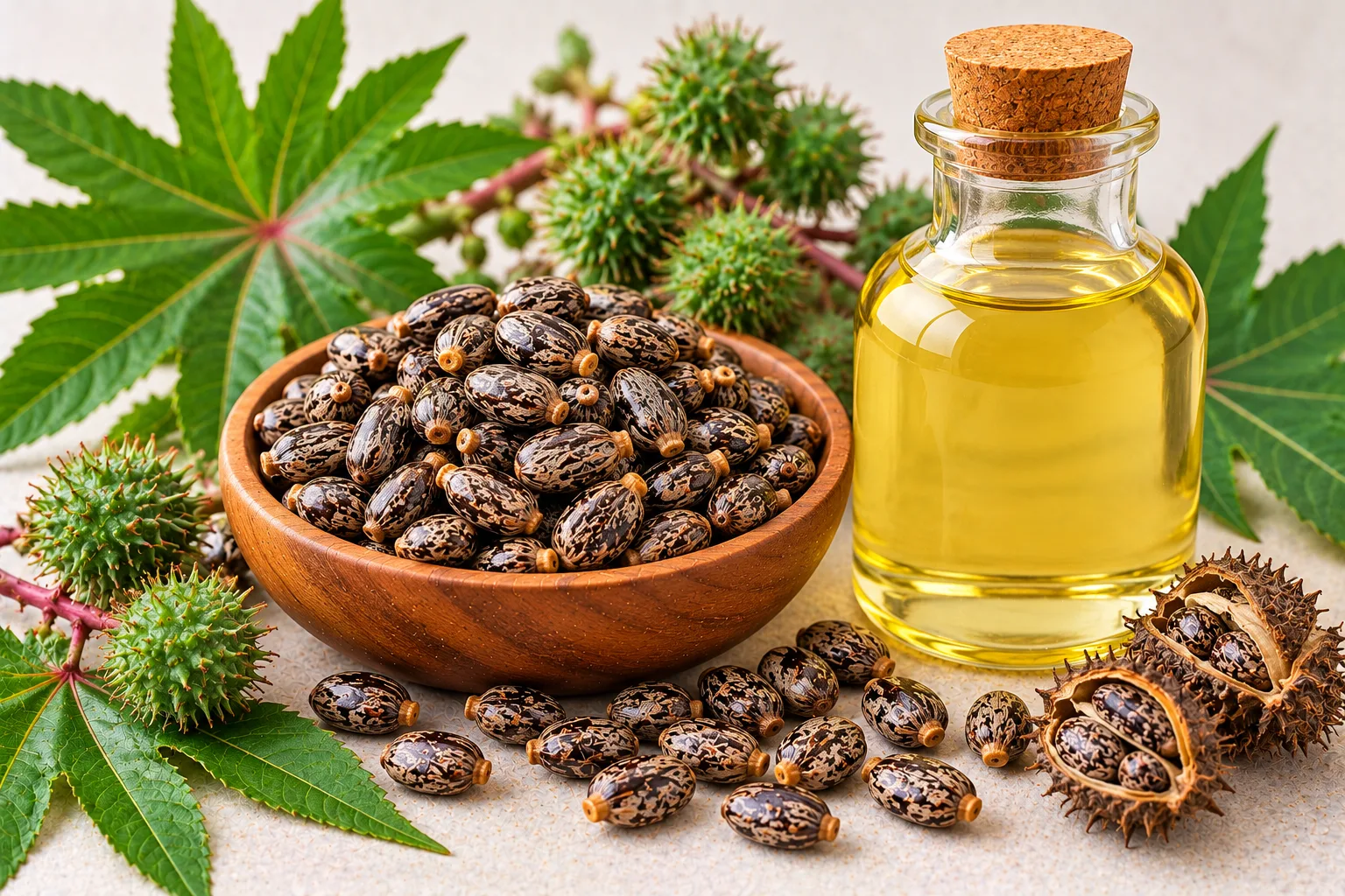 Organic castor oil in a glass bottle with castor seeds and castor plant