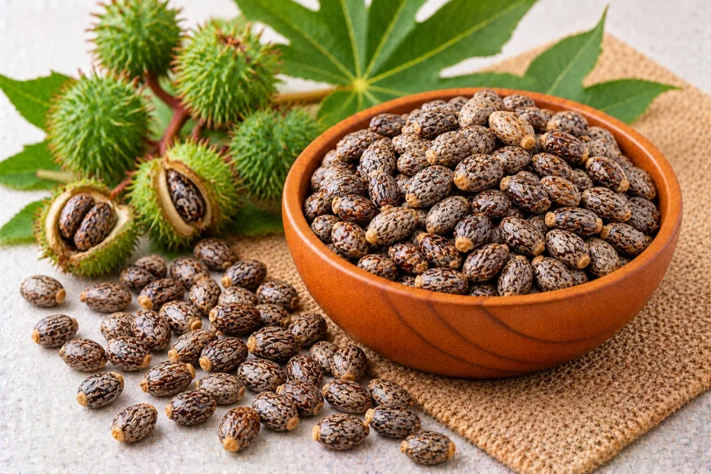 Organic castor seeds in a wooden bowl on jute cloth, with spiky green castor pods and castor leaves
