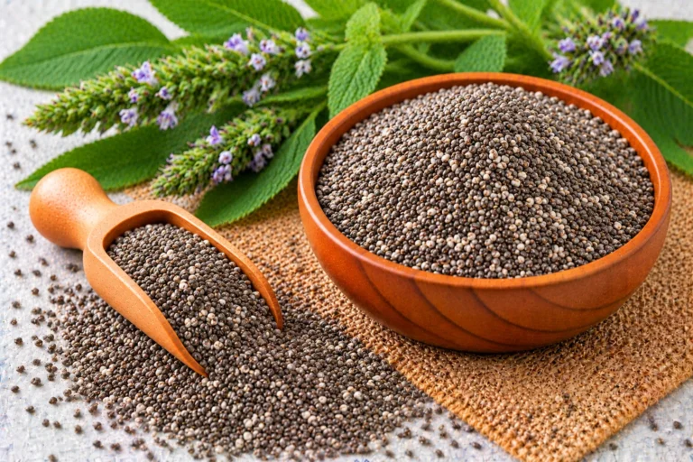 Organic chia seeds in a wooden bowl and scoop, with flowering chia plants