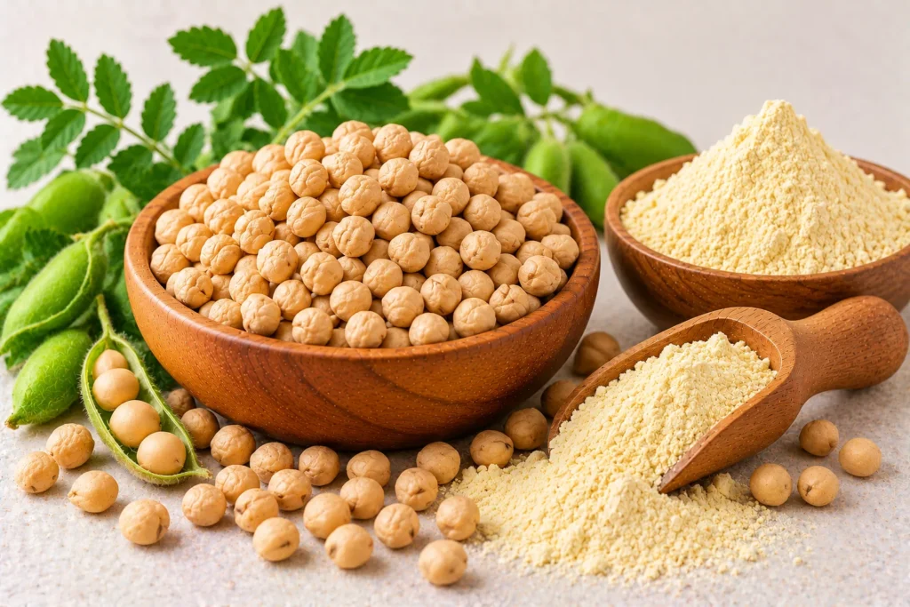 Organic chickpea flour (besan) with whole chickpeas and chickpea pods