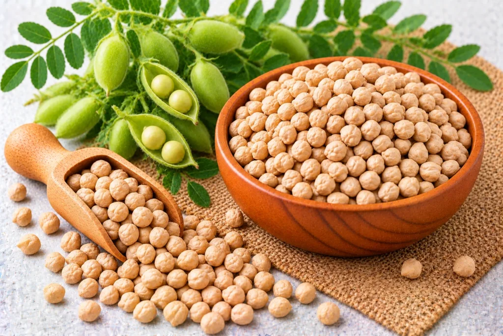 Organic chickpeas in a wooden bowl and scoop, with green chickpea pods and leaves