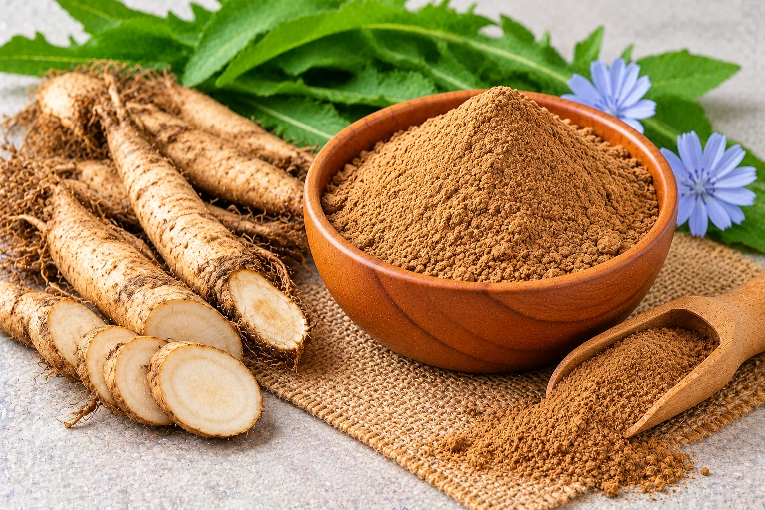 Organic chicory roots and chicory root powder in a wooden bowl and scoop, with chicory leaves and blue flowers