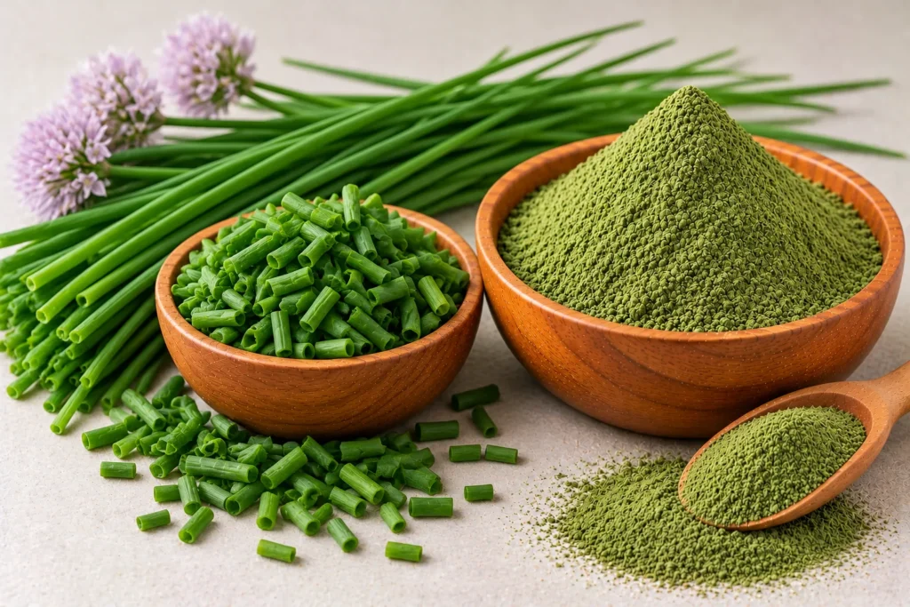 Organic cut chives and chive powder in wooden bowls with fresh chives and flowers