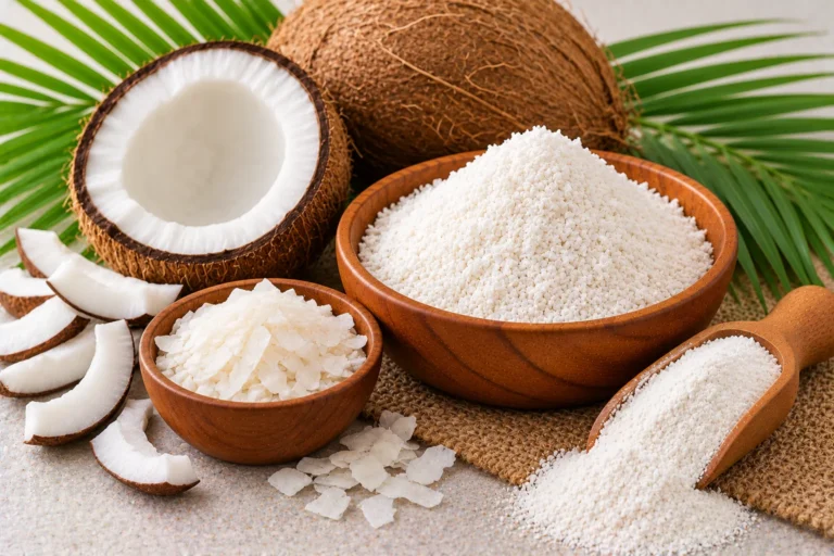 Organic coconuts with coconut flakes and desiccated coconut in wooden bowls