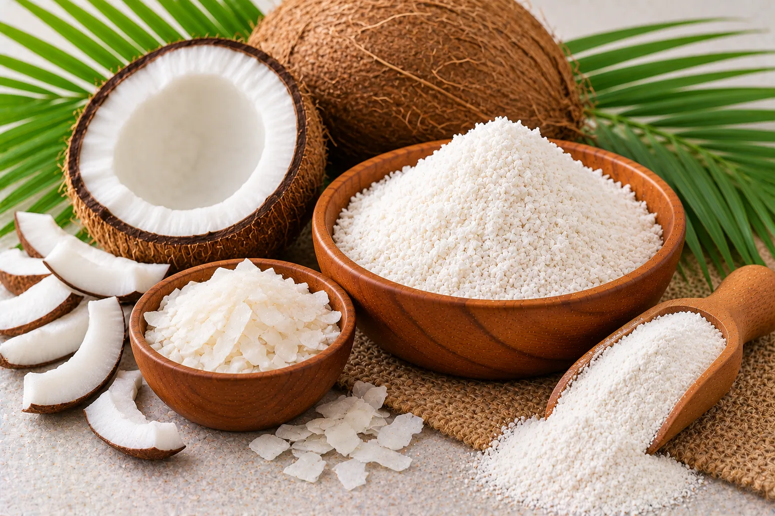 Organic coconuts with coconut flakes and desiccated coconut in wooden bowls
