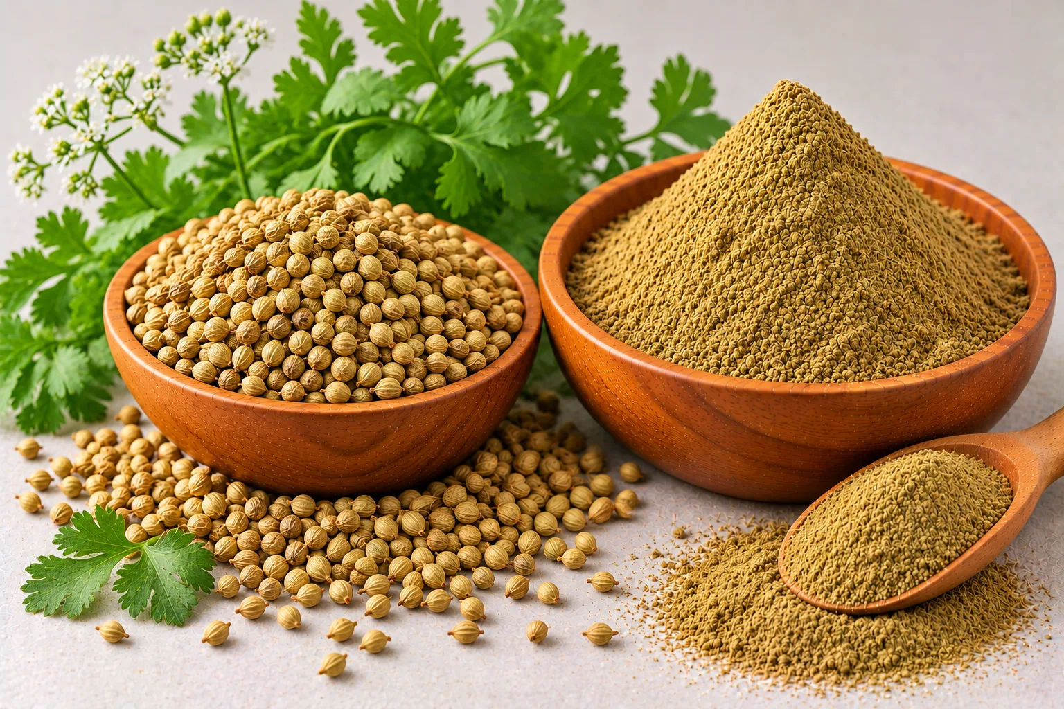 Organic coriander seeds and coriander powder in wooden bowls with fresh coriander leaves