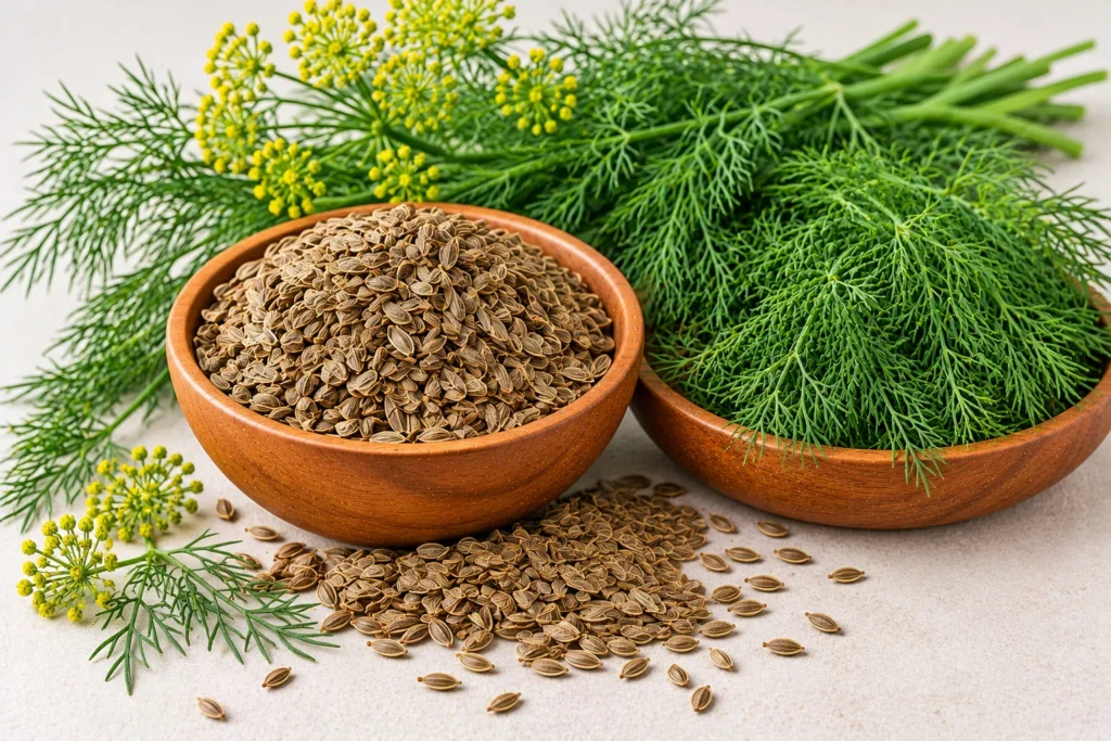 Organic dill seeds and dill weed in wooden bowls with dill flowers
