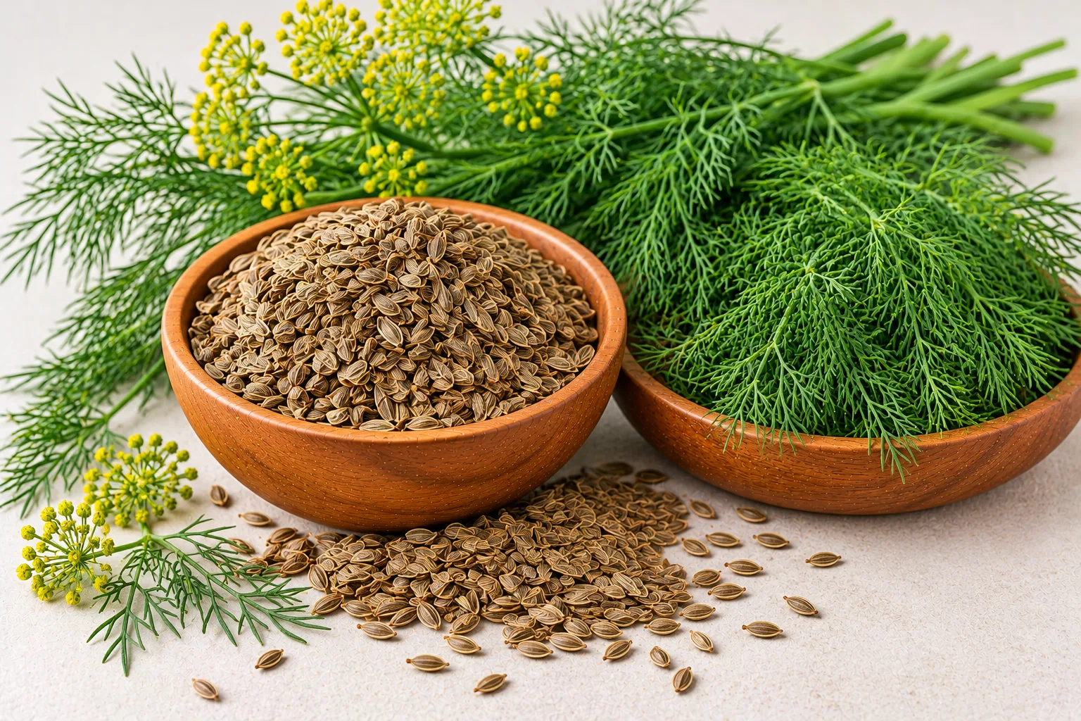 Organic dill seeds and dill weed in wooden bowls with dill flowers