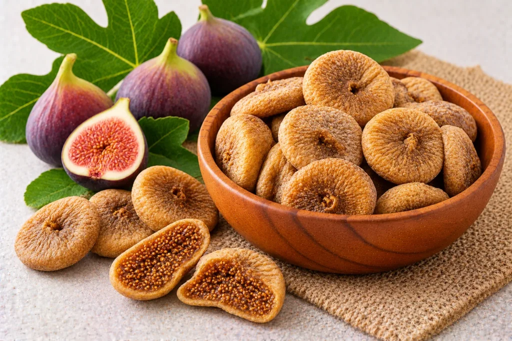 Organic dried figs in a wooden bowl with fresh figs and fig leaves