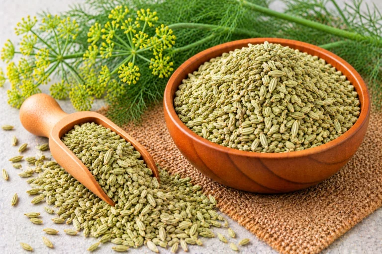 Organic fennel seeds (saunf) in a wooden bowl and scoop, with fennel fronds and yellow flowers