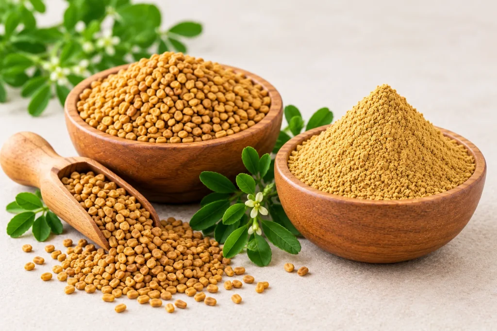 Organic fenugreek seeds and fenugreek powder in wooden bowls