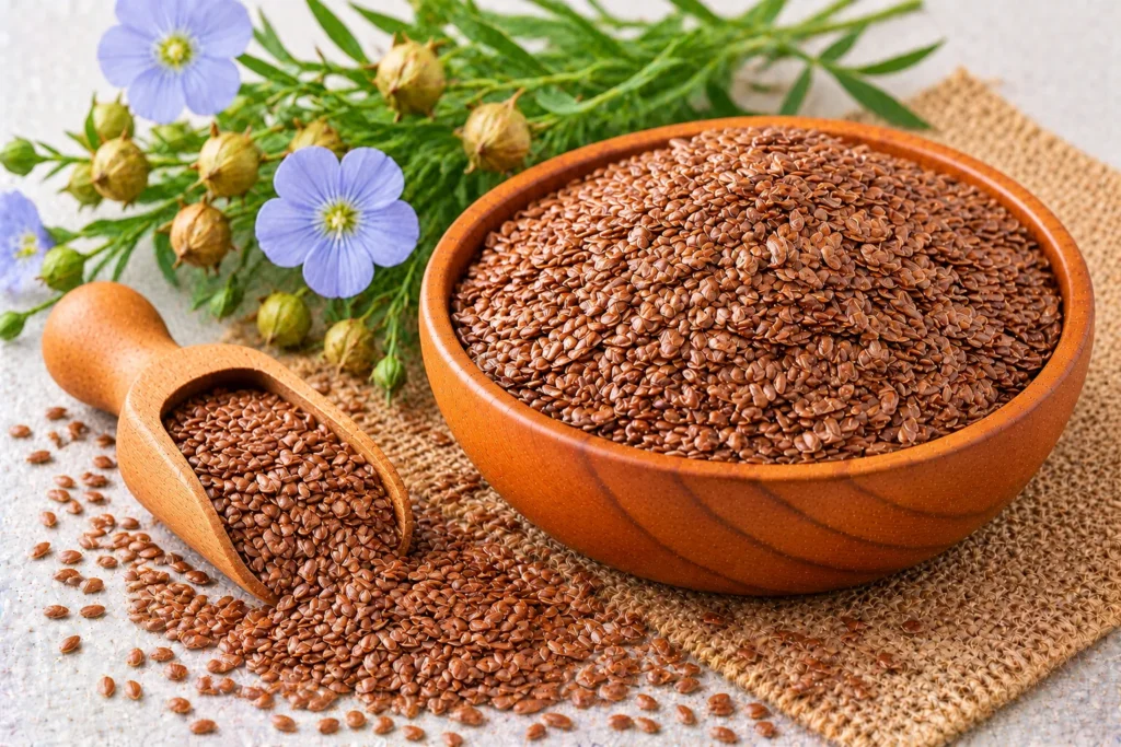 Organic brown flax seeds (linseed) in a wooden bowl and scoop, with blue flax flowers and seed pods