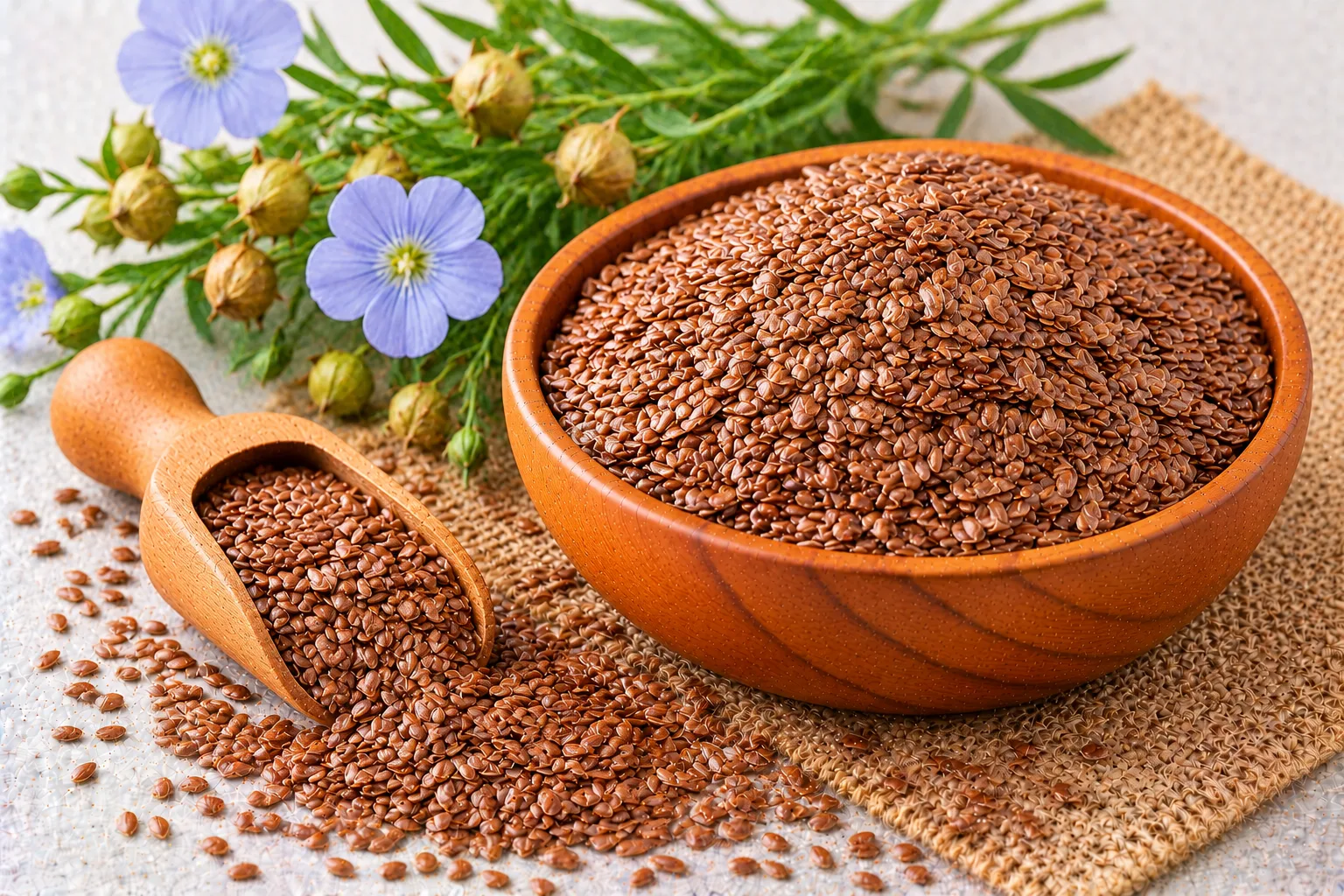 Organic brown flax seeds (linseed) in a wooden bowl and scoop, with blue flax flowers and seed pods
