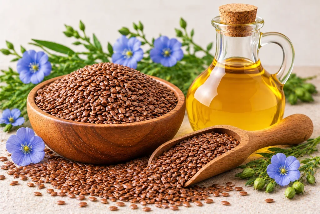 Organic flaxseed oil in a glass jug with brown flax seeds and blue flax flowers