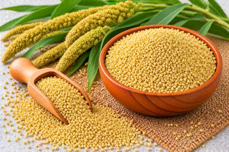 Organic foxtail millet grains in a wooden bowl and scoop, with foxtail millet heads and leaves