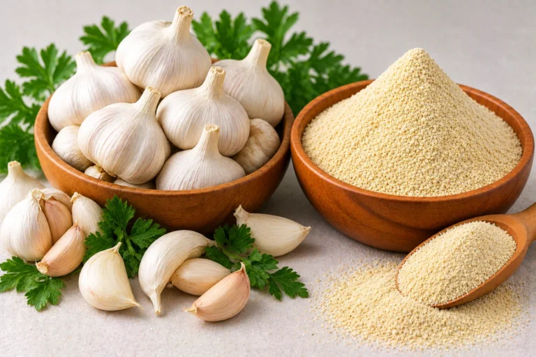 Organic garlic bulbs and cloves with garlic powder in wooden bowls