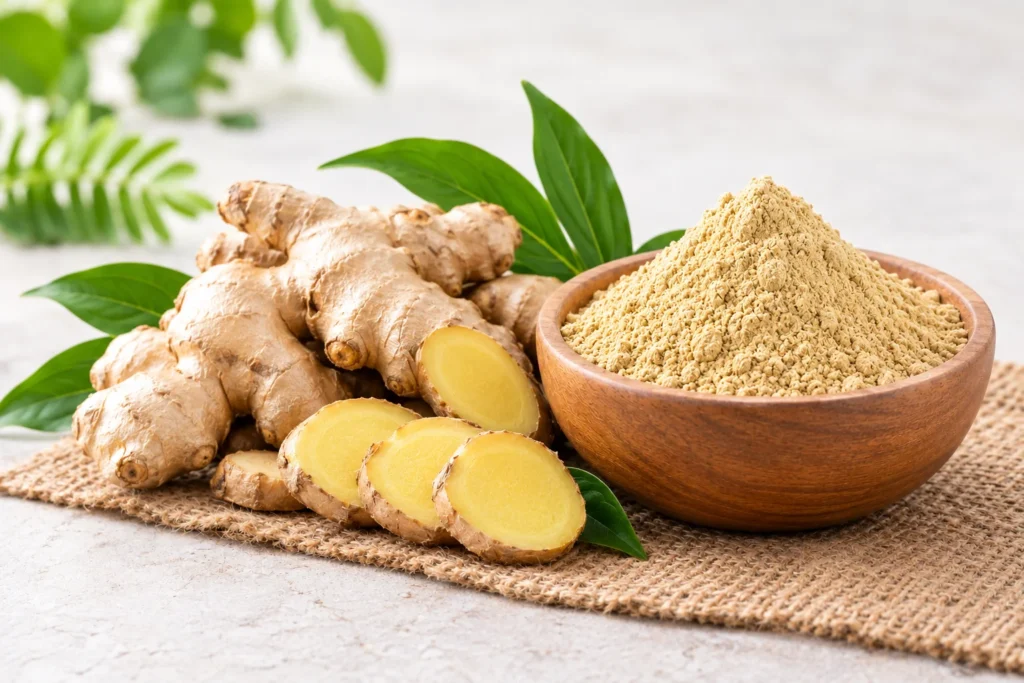 Organic ginger root, ginger powder and slices from a certified organic ginger supplier in India