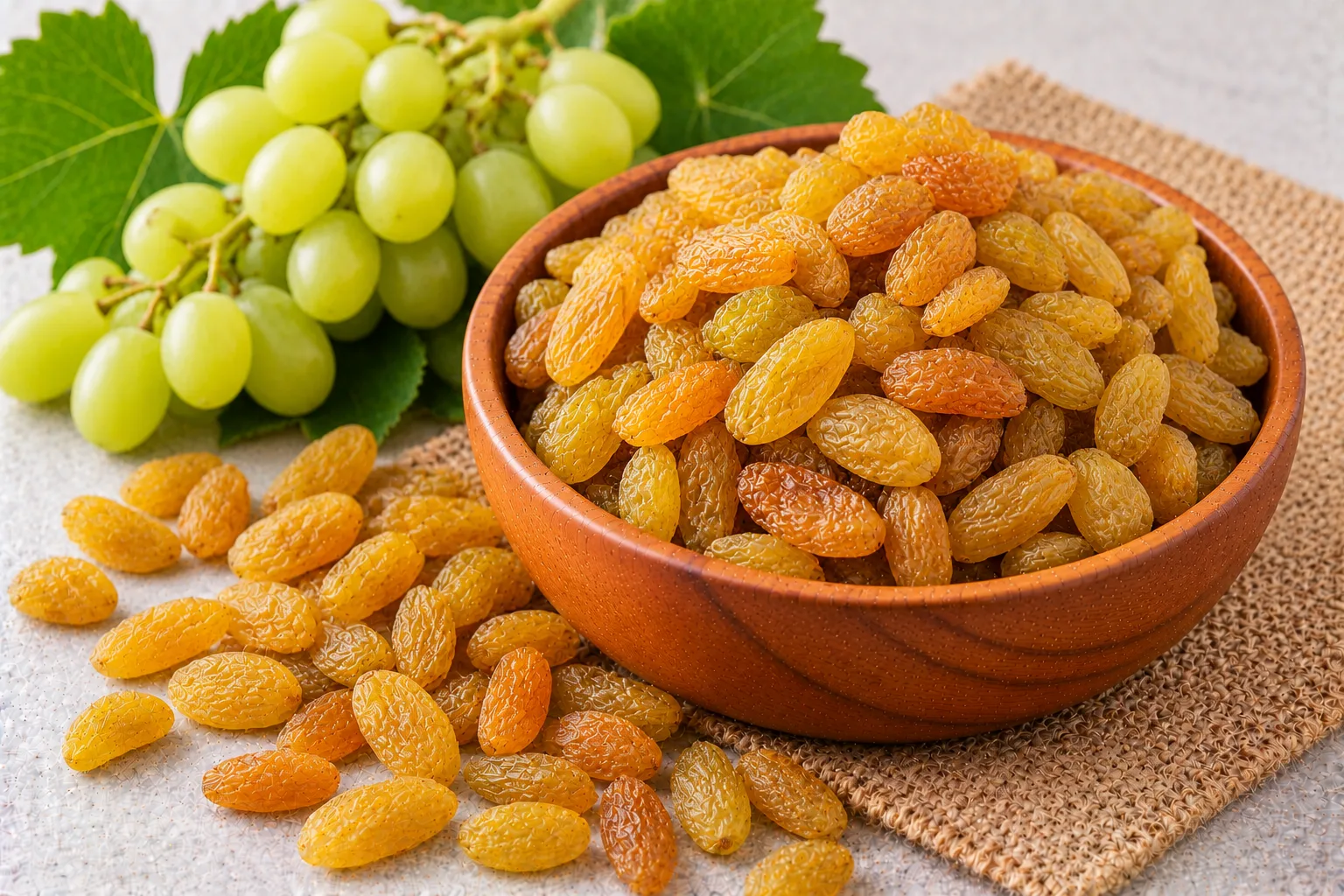 Organic golden raisins in a wooden bowl on jute cloth with fresh green grapes and vine leaves