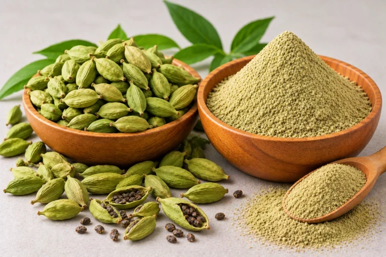 Organic green cardamom pods, seeds and cardamom powder in wooden bowls