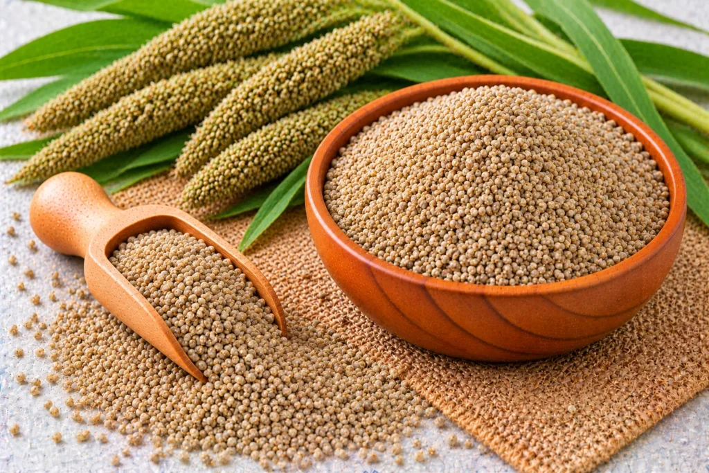 Organic kodo millet grains in a wooden bowl and scoop, with millet heads and leaves