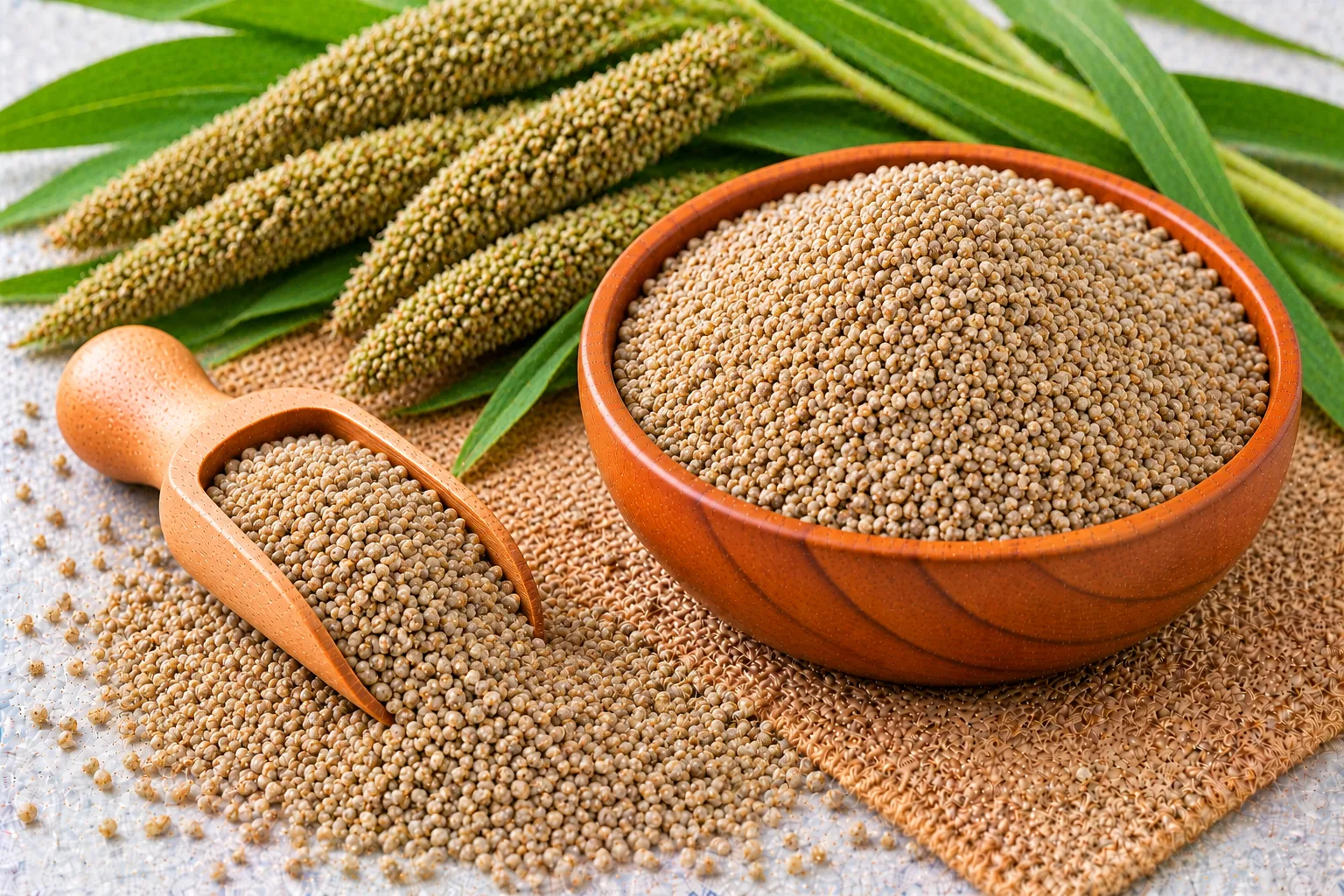 Organic kodo millet grains in a wooden bowl and scoop, with millet heads and leaves