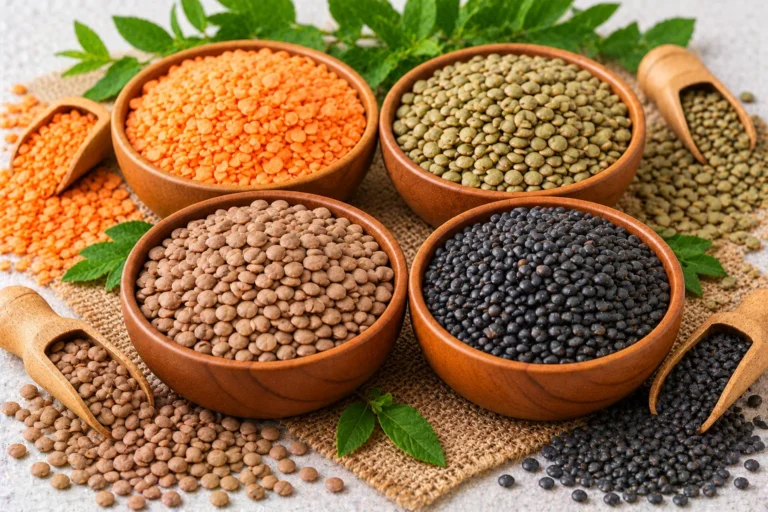 Organic red, green, brown and black lentils in four wooden bowls with wooden scoops on jute cloth