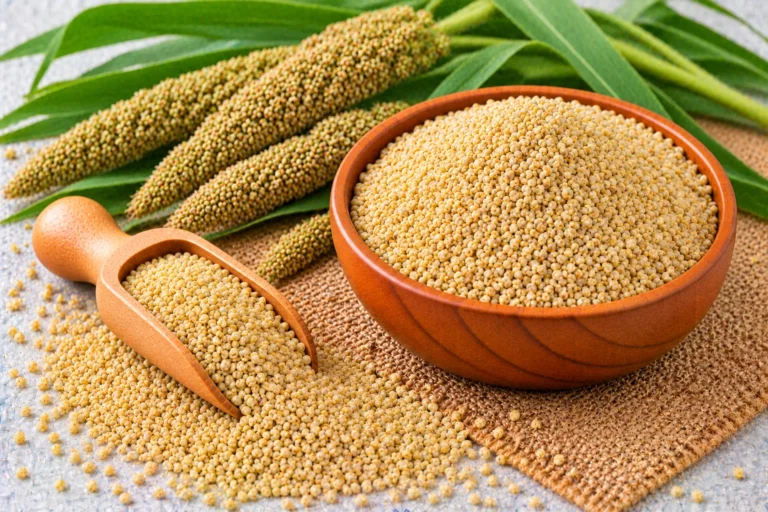 Organic little millet grains in a wooden bowl and scoop, with millet heads and leaves