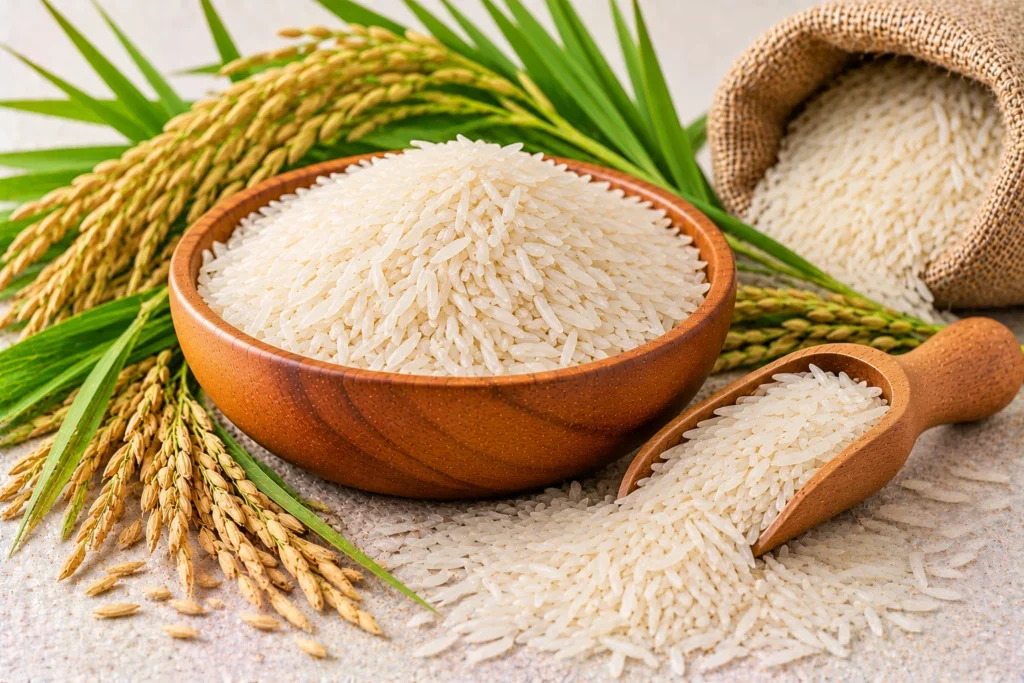 Organic long-grain white rice (non-basmati) in a wooden bowl with paddy and rice plants