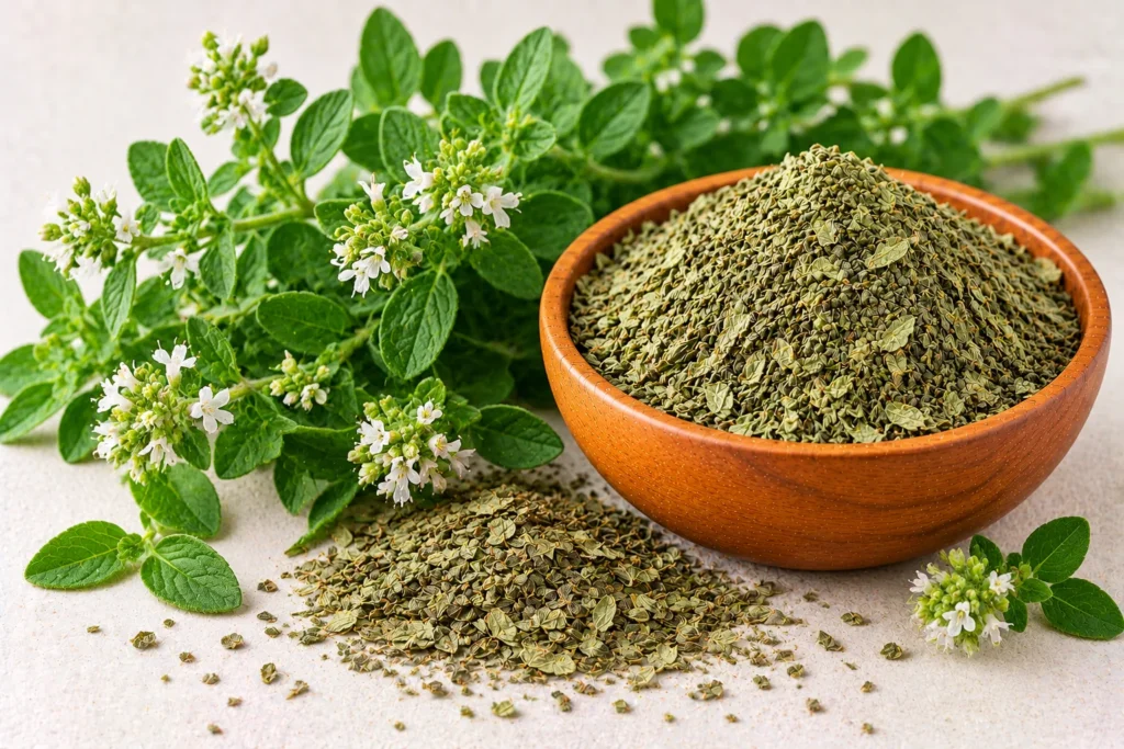 Organic dried marjoram leaves in a wooden bowl with fresh flowering marjoram