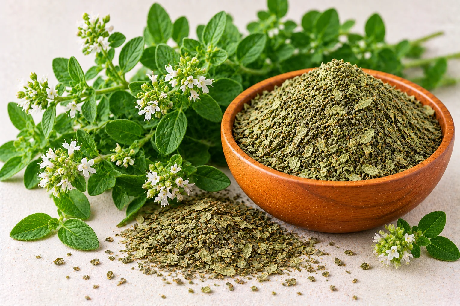 Organic dried marjoram leaves in a wooden bowl with fresh flowering marjoram