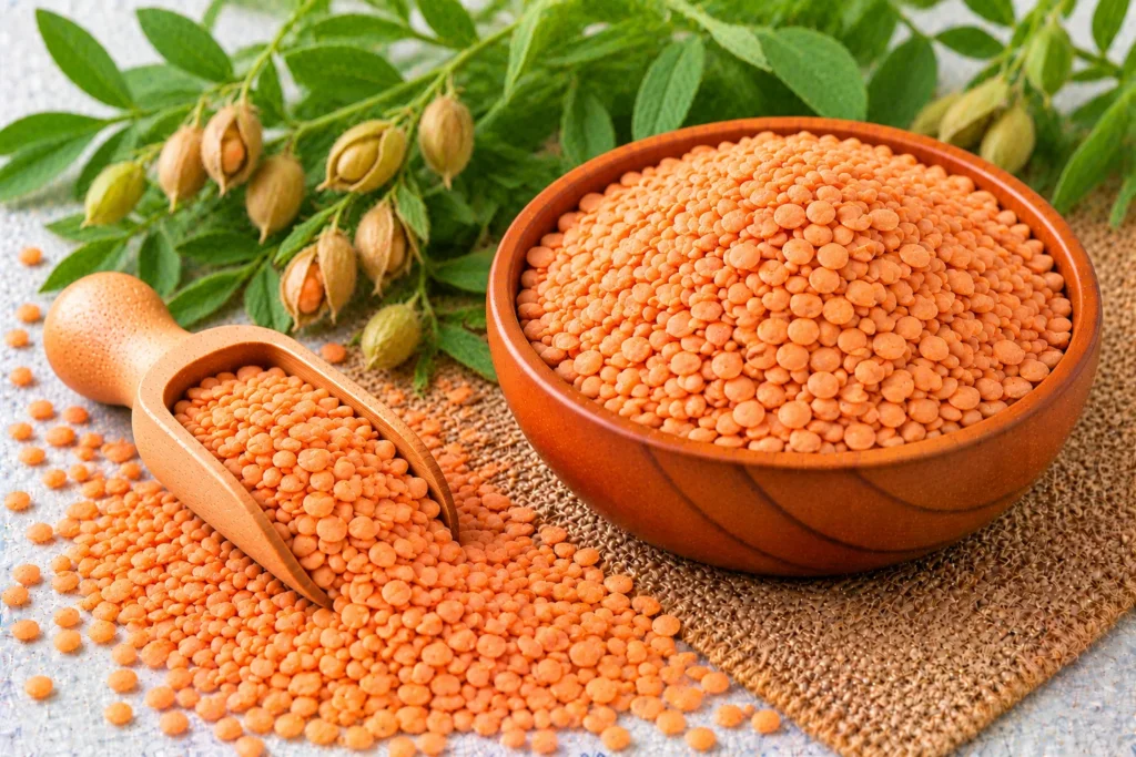 Organic masoor (split red lentils) in a wooden bowl and scoop, with lentil plants and pods