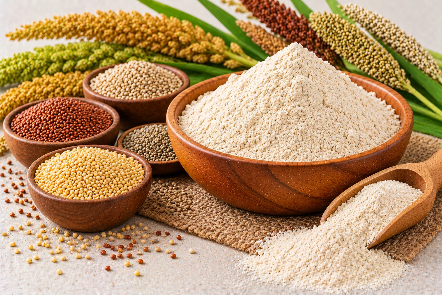Organic millet flour in a wooden bowl with ragi, foxtail, pearl and other millets
