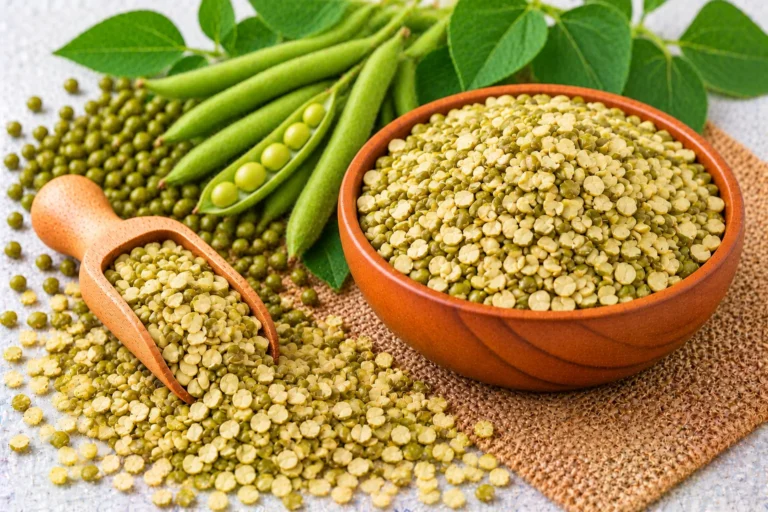Organic moong dal (split green mung beans with skin) in a wooden bowl and scoop, with whole mung beans and green pods