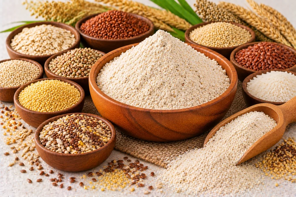 Organic multigrain flour in a wooden bowl surrounded by bowls of grains, millets, oats and seeds