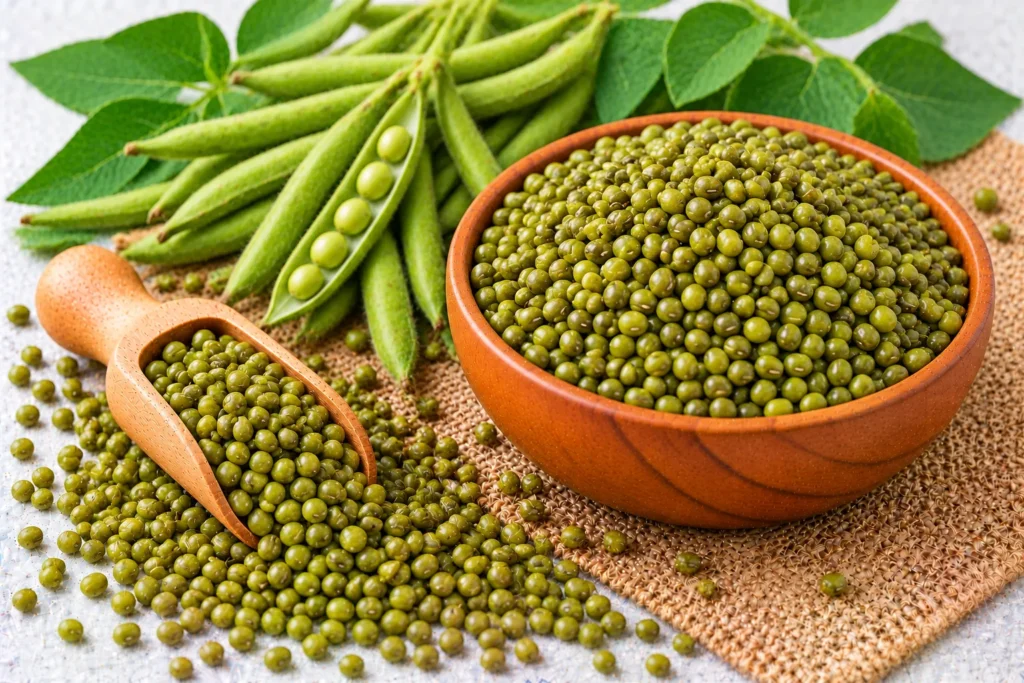 Organic whole green mung beans (moong) in a wooden bowl and scoop, with green mung bean pods and leaves