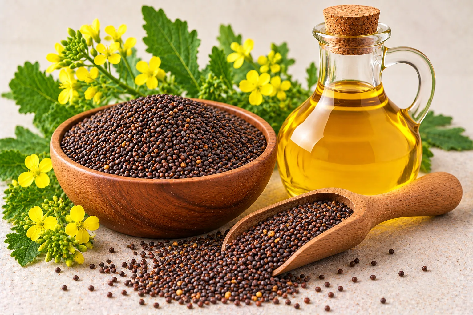 Organic mustard oil in a glass jug with brown mustard seeds and yellow mustard flowers