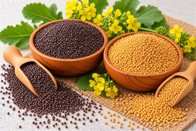 Organic brown and yellow mustard seeds in wooden bowls
