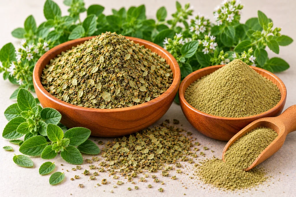Organic dried oregano leaves and oregano powder in wooden bowls with fresh oregano