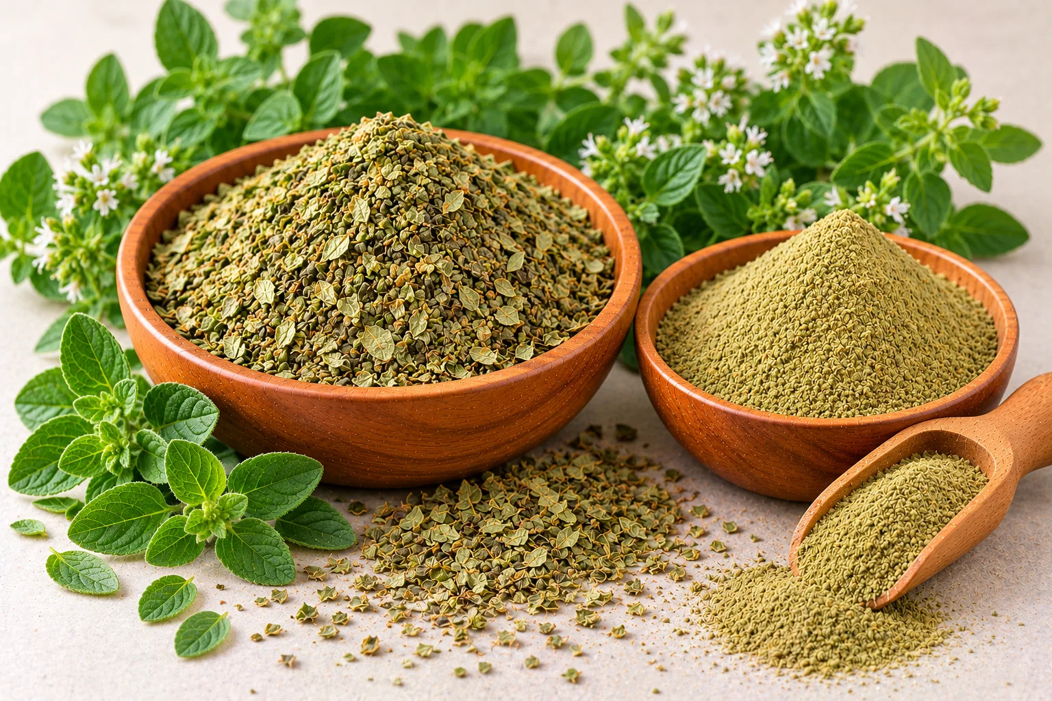 Organic dried oregano leaves and oregano powder in wooden bowls with fresh oregano