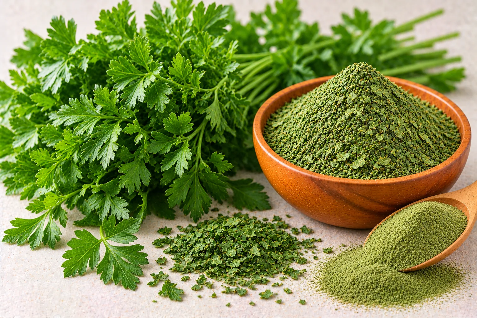 Organic dried parsley flakes and parsley powder with fresh parsley